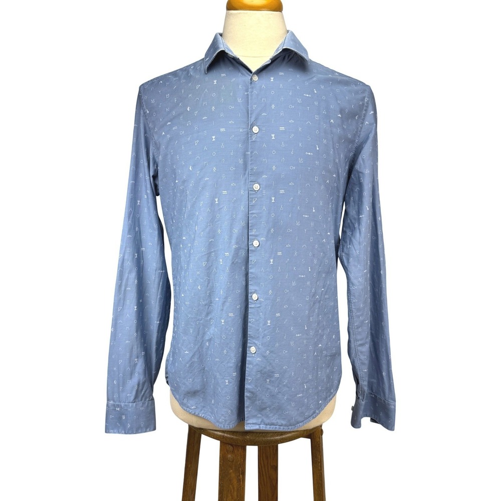 KENZO PARIS Distressed‎ Slim Fit Blue Icon Print Button-Up Shirt Size 42 (16.5)